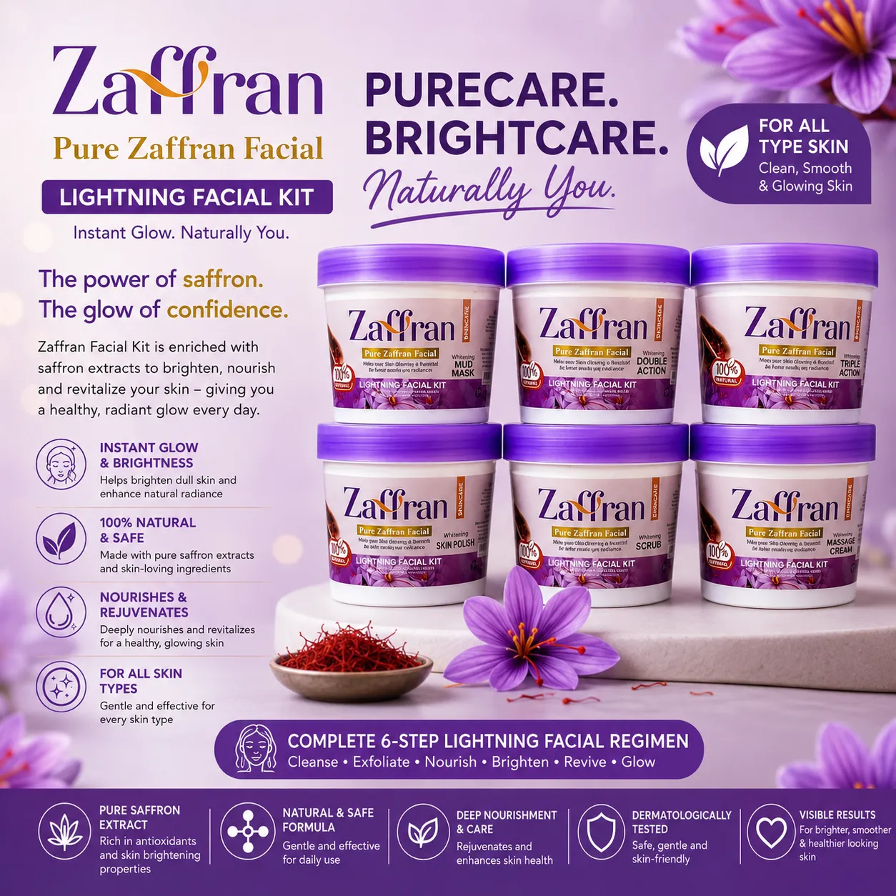 ChatGPT (14) Zaffran Pure Zaffran Lightning Complete 6-Step Facial Kit with Pure Saffron Extract for All Skin Types - Image 1