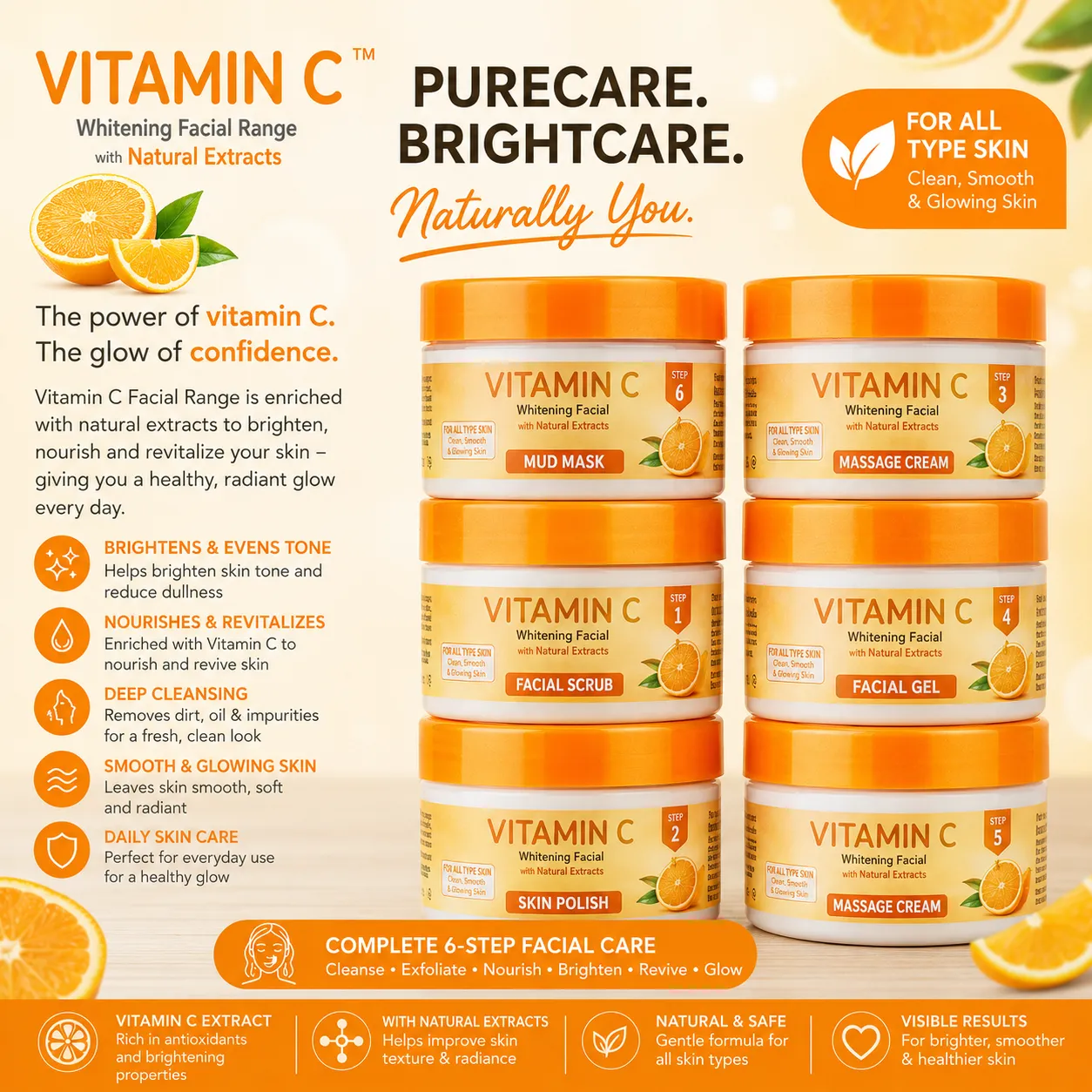 ChatGPT (3) Vitamin C Whitening Facial Range Complete 6-Step Facial Kit with Natural Extracts for All Skin Types - Image 1