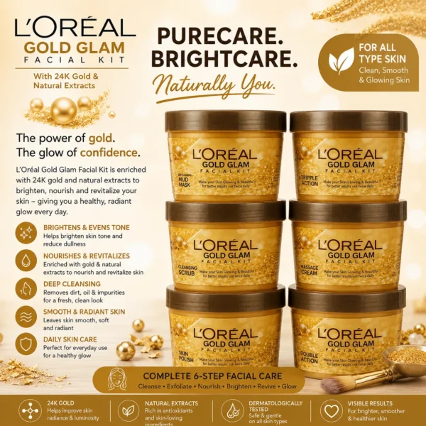 L'Oréal Gold Glam 24K Gold Complete 6-Step Facial Kit with Natural Extracts for All Skin Types
