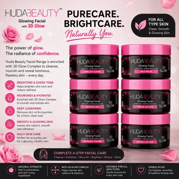 Huda Beauty Glowing Facial 3D Glow Complete 6-Step Facial Kit for Brightening, Hydrating & Glowing Skin