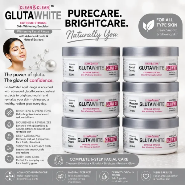 Clean & Clean GlutaWhite Extreme Strong Skin Whitening Complete 6-Step Facial Glow Kit with Advanced Glutathione & Natural Extracts for All Skin Types