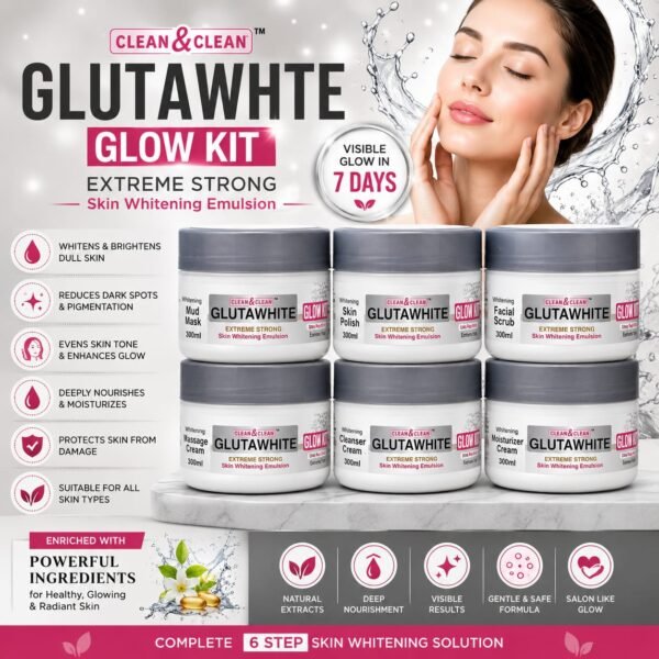 Clean & Clean GlutaWhite Extreme Strong Skin Whitening Complete 6-Step Facial Glow Kit with Advanced Glutathione & Natural Extracts for All Skin Types